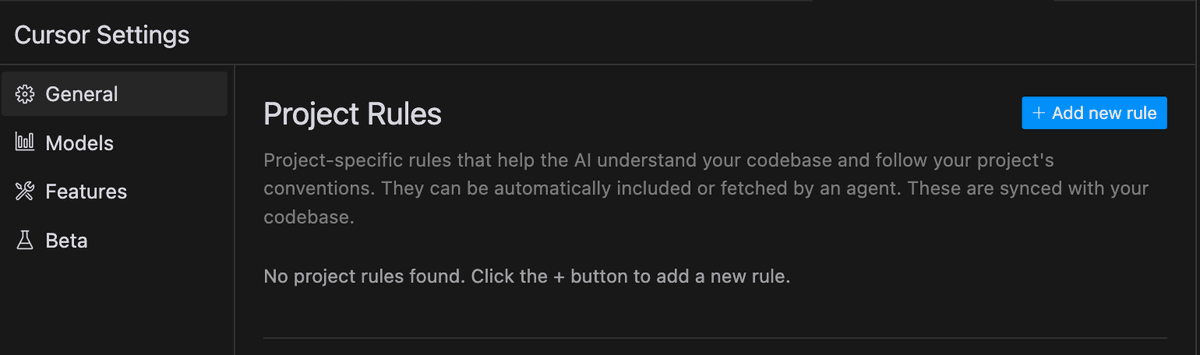 Cursor Project Rules interface showing how to add and configure rules