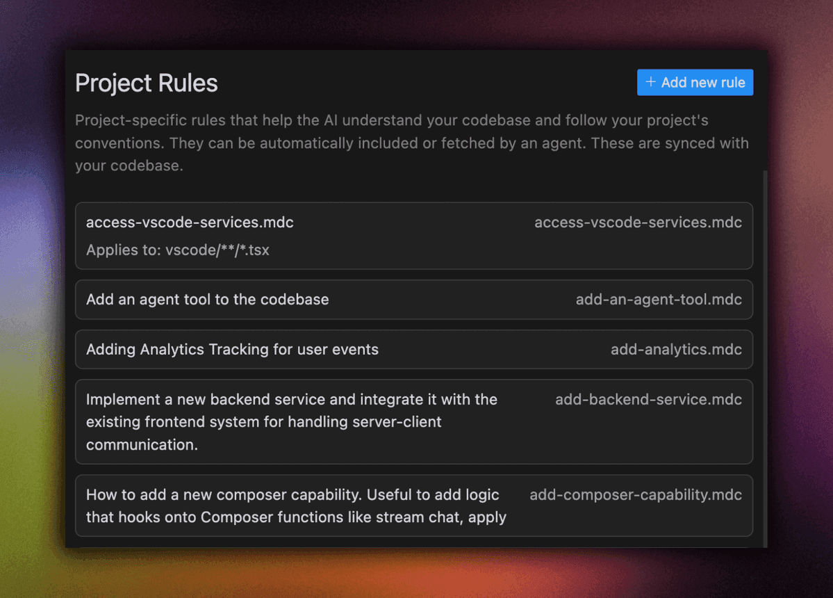 Cursor Project Rules interface showing the rules management panel