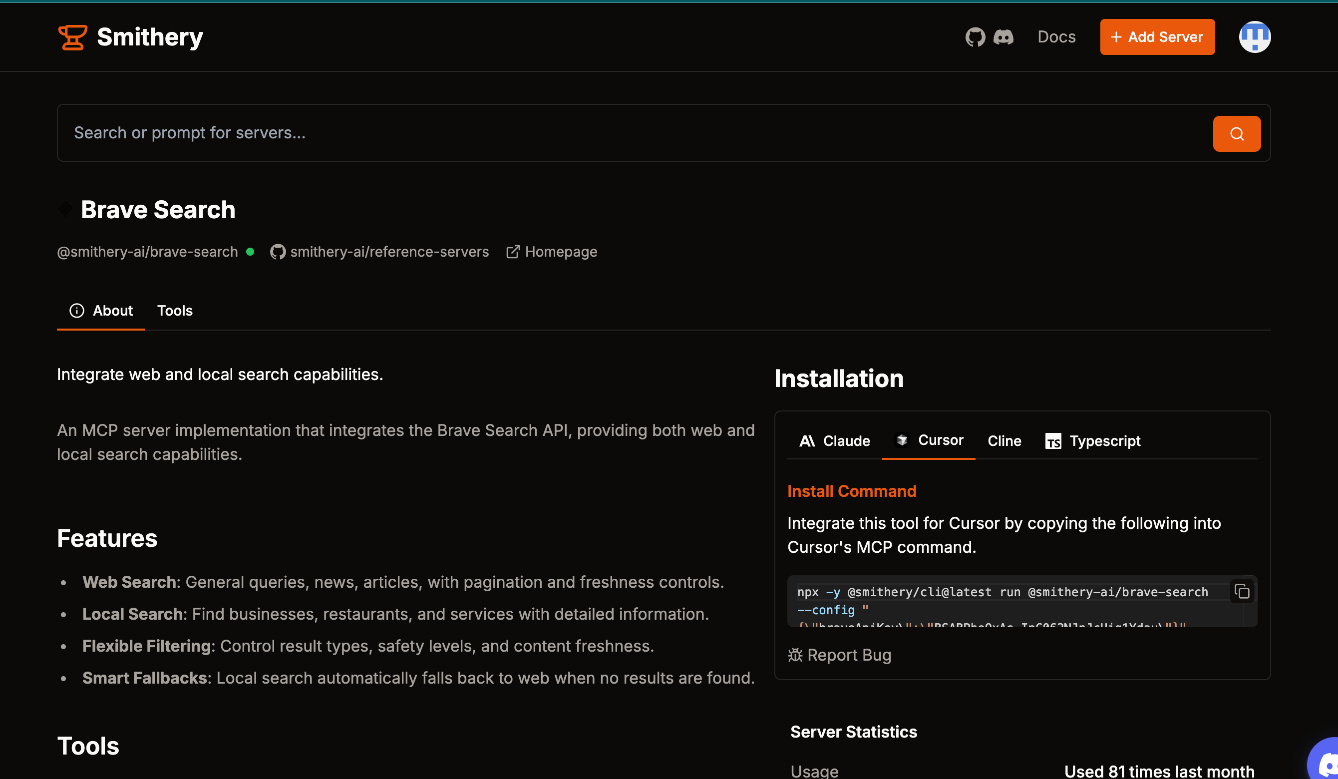 Brave Search MCP Server Configuration Interface